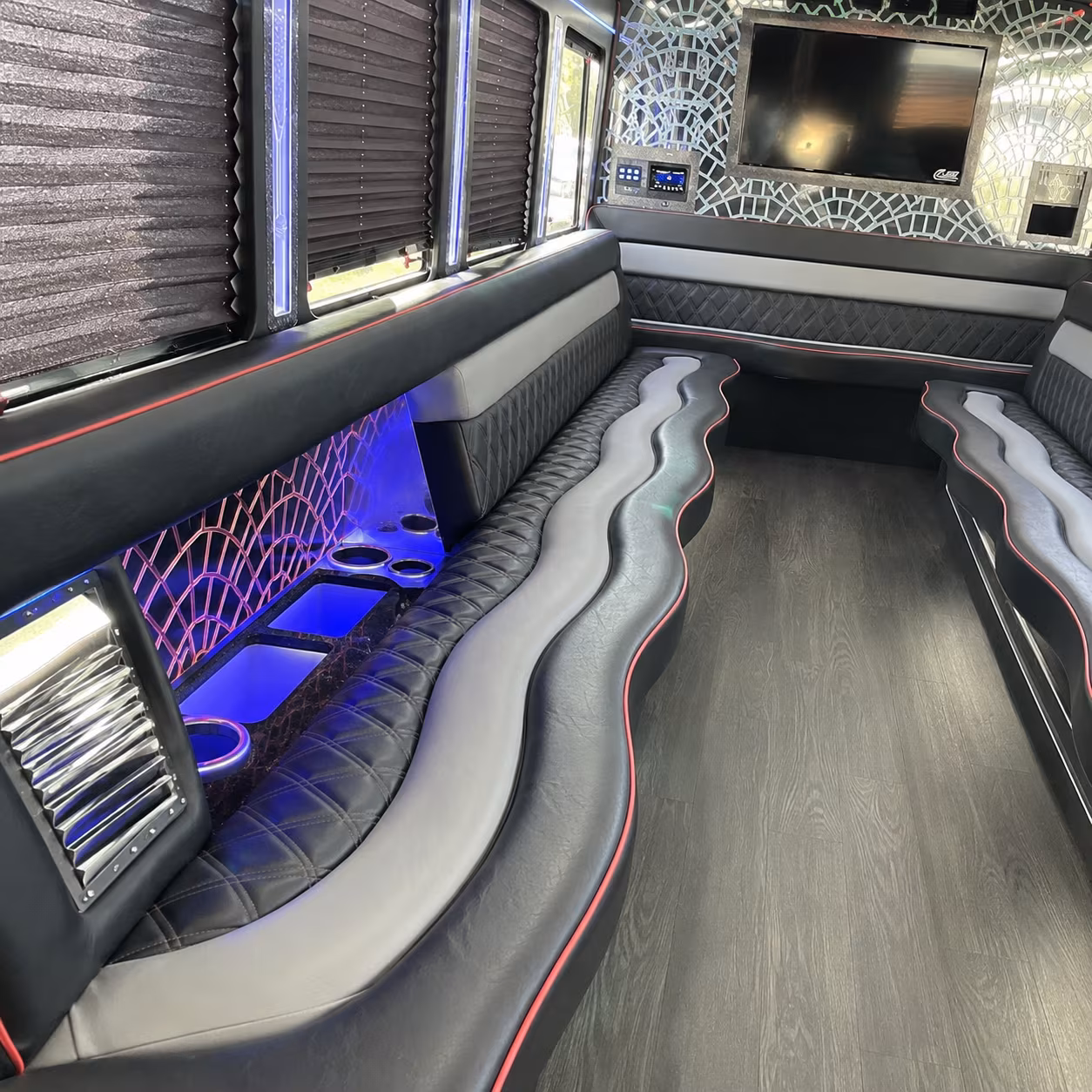 Passenger seating aboard a party bus rental serving Richmond